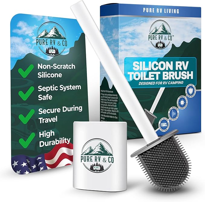 RV Tank Treatment Toilet Brush, Wall Mounted Holder & Septic Safe, Non-Scratch Silicone Flexible D-Head with Durable Long Handle for RVs,Trailers & Camper Bathrooms