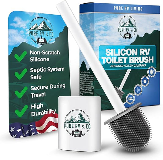 RV Tank Treatment Toilet Brush, Wall Mounted Holder & Septic Safe, Non-Scratch Silicone Flexible D-Head with Durable Long Handle for RVs,Trailers & Camper Bathrooms