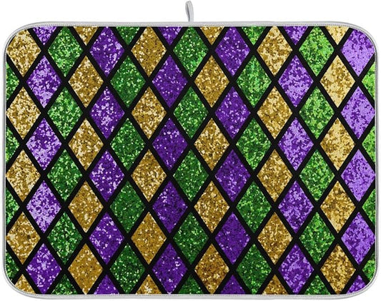 Mardi Gras Dish Drying Mat for Kitchen Gold Purple Green Buffalo Plaid Microfiber Drying Mats Absorbent Reversible Dish Pad Large Dish Draining Mat 18x24 inch