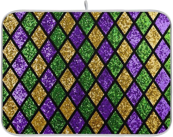 Mardi Gras Dish Drying Mat for Kitchen Gold Purple Green Buffalo Plaid Microfiber Drying Mats Absorbent Reversible Dish Pad Medium Dish Draining Mat 16x18 inch
