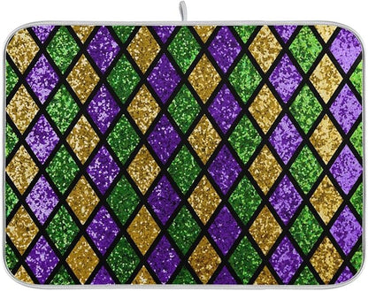 Mardi Gras Dish Drying Mat for Kitchen Gold Purple Green Buffalo Plaid Microfiber Drying Mats Absorbent Reversible Dish Pad Medium Dish Draining Mat 16x18 inch