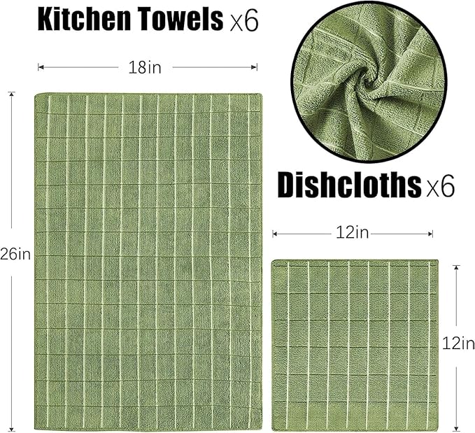 Microfiber Kitchen Towels and Dishcloths Set, 26 X 18 Inch and 12 X 12 Inch, Set of 12 Bulk Lint Free Dish Towels for Drying Dishes, Olive Green