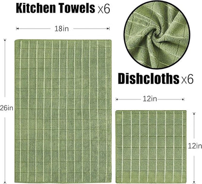 Microfiber Kitchen Towels and Dishcloths Set, 26 X 18 Inch and 12 X 12 Inch, Set of 12 Bulk Lint Free Dish Towels for Drying Dishes, Olive Green