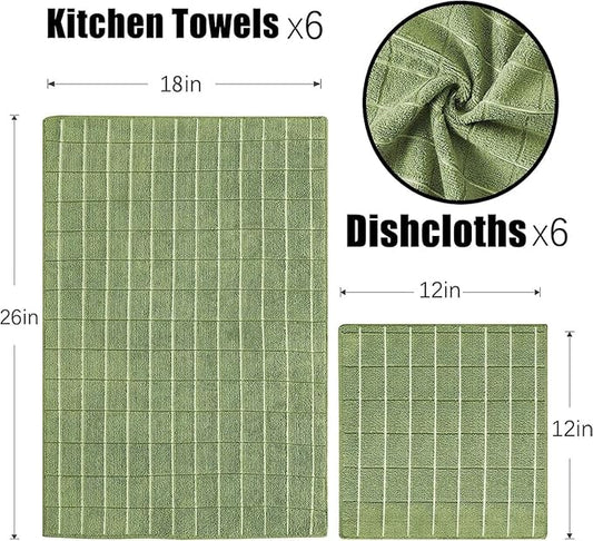 Microfiber Kitchen Towels and Dishcloths Set, 26 X 18 Inch and 12 X 12 Inch, Set of 12 Bulk Lint Free Dish Towels for Drying Dishes, Olive Green