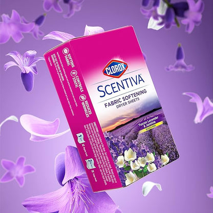 Clorox Scentiva Fabric Softener Dryer Sheets, Tuscan Lavender & Jasmine Scent - Wrinkle Reducing Scented Softening Laundry Dryer Sheets for Great Smelling Clothes, 40 Count