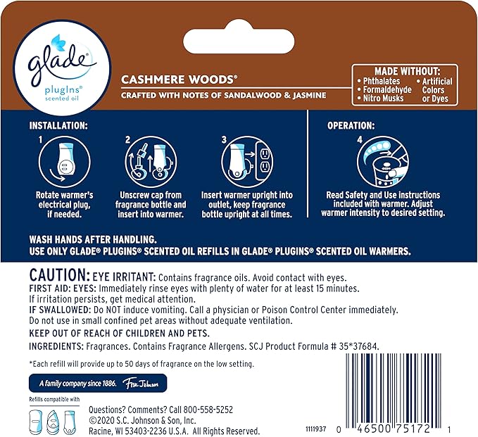 Glade PlugIns Refills Air Freshener, Scented and Essential Oils for Home and Bathroom, Cashmere Woods, 2.01 Fl Oz, 3 Count