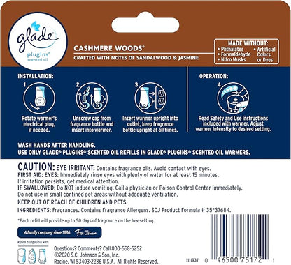 Glade PlugIns Refills Air Freshener, Scented and Essential Oils for Home and Bathroom, Cashmere Woods, 2.01 Fl Oz, 3 Count