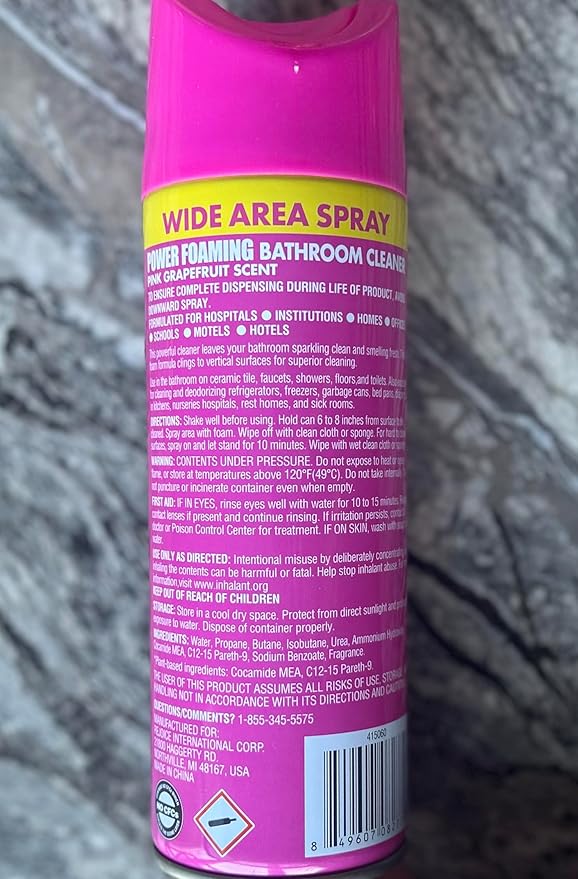 Power Foaming Bathroom Cleaner, Wide Area Spray, Pink Grapefruit Scent, 10 oz