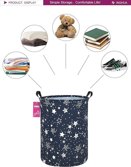 Laundry Hamper Large Canvas Fabric Lightweight Storage Basket/Toy Organizer/Dirty Clothes Collapsible Waterproof for College Dorms, Boys and Girls Bedroom,Bathroom(Blue star)