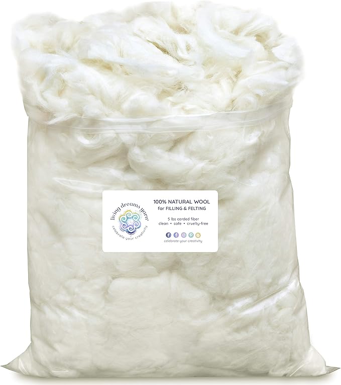 Core Wool for Needle Felting, Crochet Toys, Amigurumi Stuffing. Super Clean Wool Filler for Pillows, Stuffed Animals, Dryer Balls. 5LB, Natural White