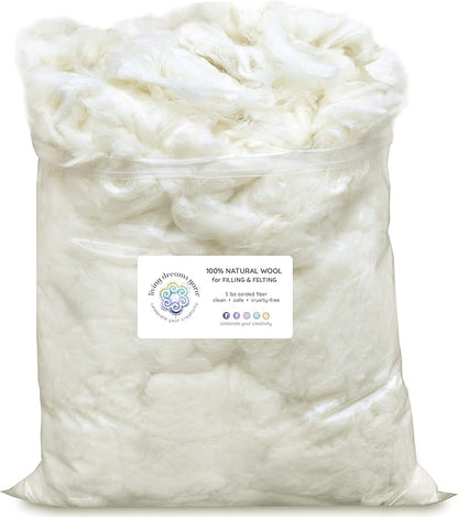 Core Wool for Needle Felting, Crochet Toys, Amigurumi Stuffing. Super Clean Wool Filler for Pillows, Stuffed Animals, Dryer Balls. 5LB, Natural White