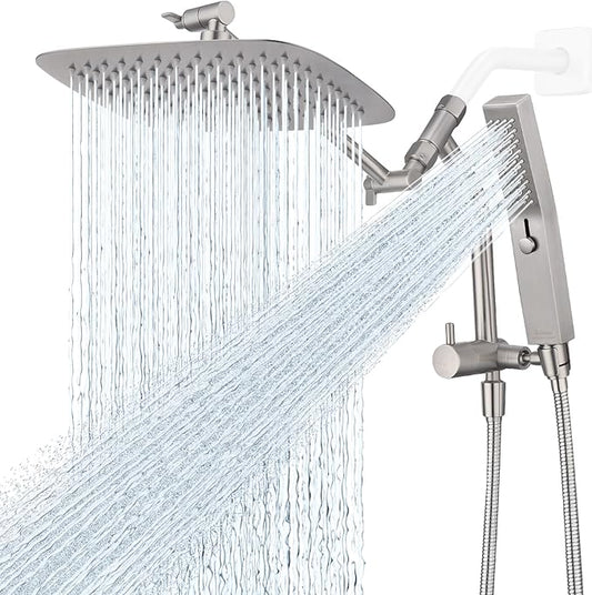 G-Promise All Metal 10 Inch Shower Head with Massage Mode Handheld, Rain Shower Head with Handheld Spray Combo, 3-Way Diverter with Pause Setting, 11 Inch Adjustable Extension Arm (Brushed Nickel)