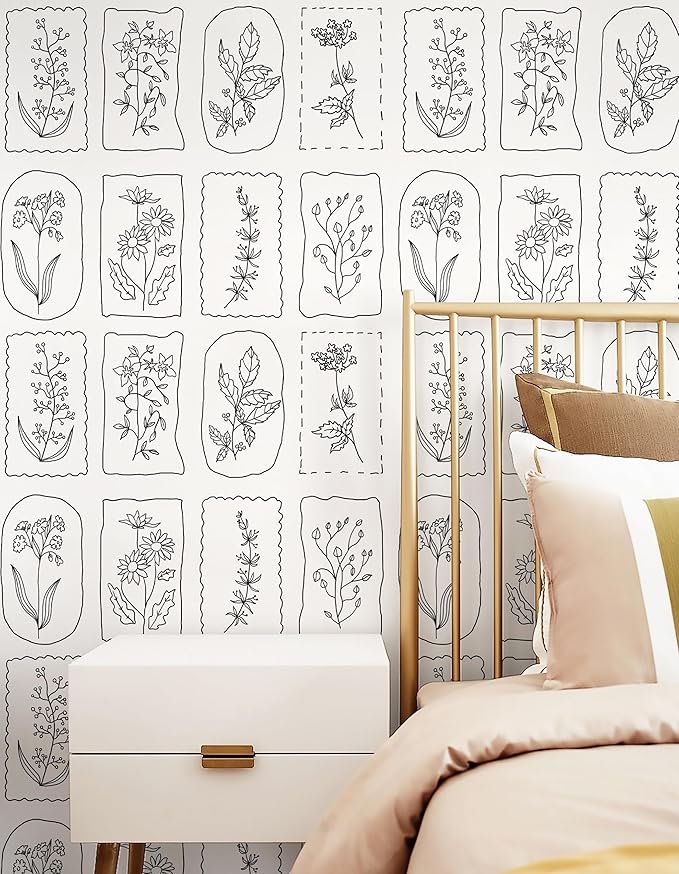 Guvana Peel and Stick Wallpaper Black and White Floral Farmhouse Removable Wallpaper for Bedroom Renter Friendly 16.14"×196" Modern Geometric Contact Paper