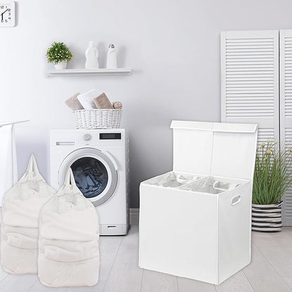 Simple Houseware Double Laundry Hamper with Lid and Removable Bags, White