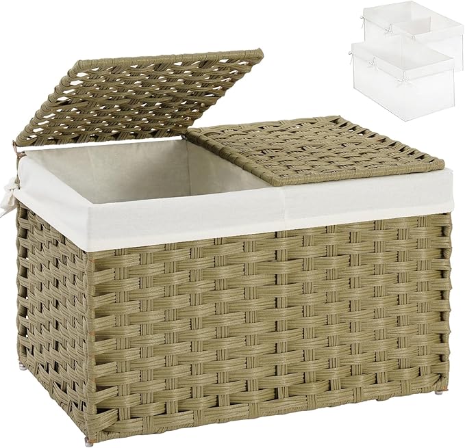 Storage Basket with Lid Rattan Woven Storage Baskets with 2 Separate Lids, 17.2 Gallon (65 L), Wicker Storage Bins Foldable, 2 Removable Liner Bags Handles for Bedroom, Laundry Room Green