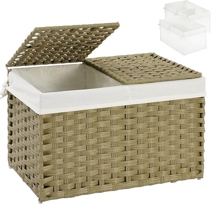 Storage Basket with Lid Rattan Woven Storage Baskets with 2 Separate Lids, 17.2 Gallon (65 L), Wicker Storage Bins Foldable, 2 Removable Liner Bags Handles for Bedroom, Laundry Room Green