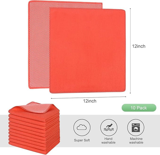 SINLAND Microfiber Dish Cloth for Washing Dishes Dish Washing Rags Best Kitchen Washcloth Cleaning Cloths Wash Cloths with Poly Scour Side 12Inchx12Inch 10 Pack Red