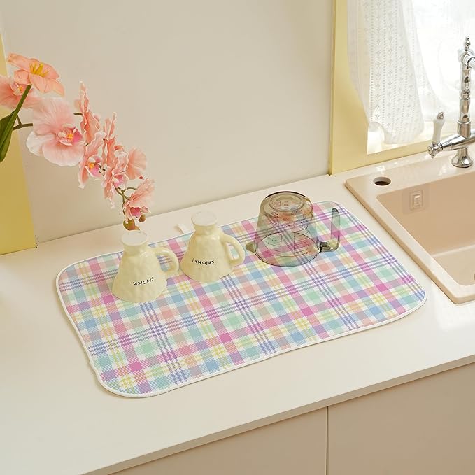 Spring Dish Drying Mat 18x24 Inches For Kitchen Counter Absorbent Easter Colorful Plaid Kitchen Decoration Pink Green Drying Mat Pad For Home Kitchen,Dining Room,Office Decor