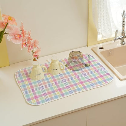 Spring Dish Drying Mat 18x24 Inches For Kitchen Counter Absorbent Easter Colorful Plaid Kitchen Decoration Pink Green Drying Mat Pad For Home Kitchen,Dining Room,Office Decor