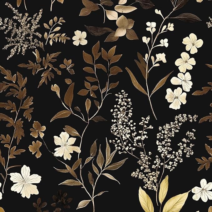Fvlow Vintage Leaf Wallpaper Peel and Stick Gold Leaf Contact Paper 17.4" x 393" Black Floral Waterproof Self-Adhesive Wall Covering for Bedroom Countertop Desk Cabinets
