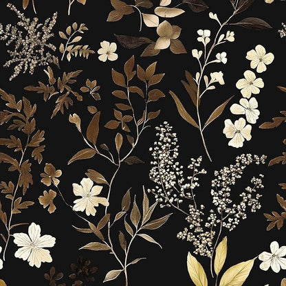 Fvlow Vintage Leaf Wallpaper Peel and Stick Gold Leaf Contact Paper 17.4" x 393" Black Floral Waterproof Self-Adhesive Wall Covering for Bedroom Countertop Desk Cabinets