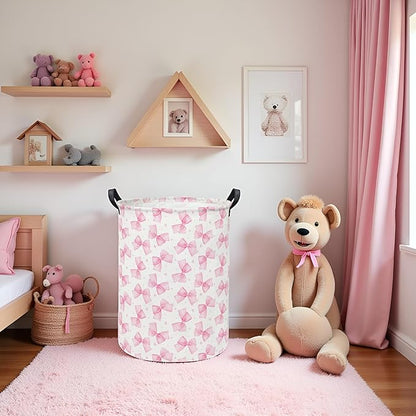 Baby Laundry Hamper kids laundry Basket Waterproof Storage Bin for Bedroom Toy Clothes Organizer Basket Woodland Animals Room Décor(Pink Bowknot)