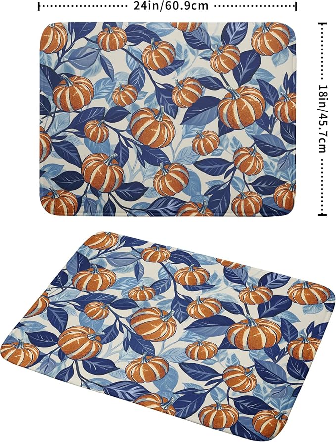 Blue Burnt Orange Fall Thanksgiving Pumpkin Dish Drying Mat for Kitchen Counter 18x24 Autumn Harvest Theme Absorbent Reversible Microfiber Drying Mats Kitchen Countertop Protector Dishes Drainer Pad