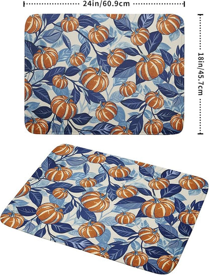 Blue Burnt Orange Fall Thanksgiving Pumpkin Dish Drying Mat for Kitchen Counter 18x24 Autumn Harvest Theme Absorbent Reversible Microfiber Drying Mats Kitchen Countertop Protector Dishes Drainer Pad
