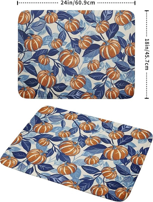 Blue Burnt Orange Fall Thanksgiving Pumpkin Dish Drying Mat for Kitchen Counter 18x24 Autumn Harvest Theme Absorbent Reversible Microfiber Drying Mats Kitchen Countertop Protector Dishes Drainer Pad