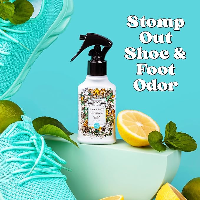 Sole-Pourri Shoe Deodorizer + Foot Spray, 3.4 Fl Oz, Up to 150 Uses, Funk-Fighting Odor Freshener with Essential Oils, for Smelly Shoes, Feet & Gym Bags, Citrus & Mint Scent