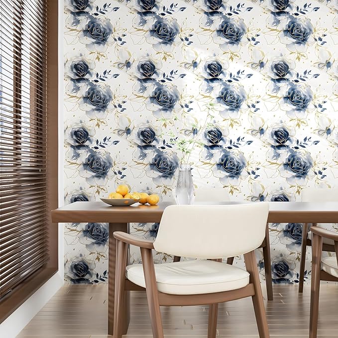 White Floral Wallpaper Peel and Stick Watercolor Blue/Golden Flower Contact Paper Modern Wall Paper Waterproof Self-Adhesive Wall Covering for Bedroom Countertop Desk Cabinets Decor 17.4" x 118"