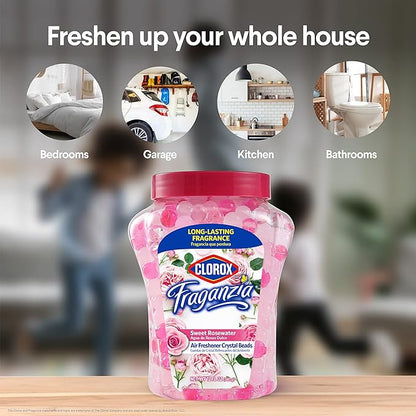 Clorox Fraganzia Crystal Beads Air Freshener, Long Lasting Room Deodorizer and Odor Eliminator Gel Beads to Freshen Home, Car, or Office, Sweet Rosewater Scent, 12 Fl Oz