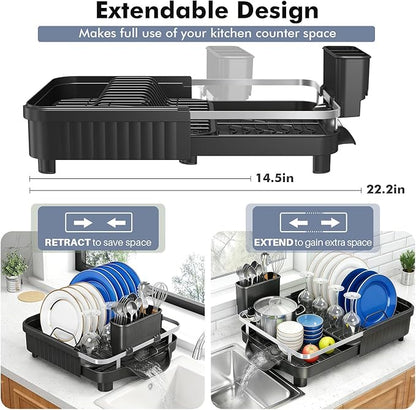 Kmiectse Dish Drying Rack – Expandable Dish Rack for Kitchen Counter, Stainless Steel Dish Drainer with Utensil Holder, Black