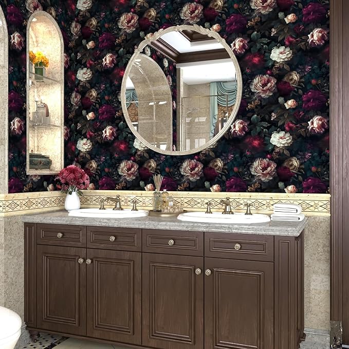 Fvlow Dark Black Floral Peel and Stick Wallpaper 17.4" x 394" Vintage Romantic Contact Paper Waterproof Self Adhesive Gothic Witchy Covering for Bedroom Cabinet Bathroom Abstract Art Home Decor Maroon