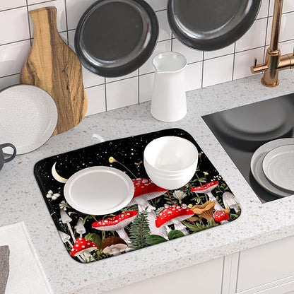 Red Mushroom Dish Drying Mat for Kitchen Counter Plant Leaves Drainer Mats Rack Holder Countertop Absorbent Microfiber Coffee Pads 16x18 Inch