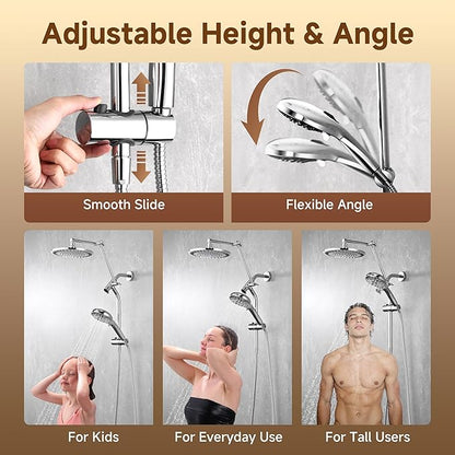 BRIGHT SHOWERS Rain Shower Head with Handheld Spray, High Pressure Dual Shower Head Combo, Adjustable Extension Arm & Slide Bar, 9 Spray Modes Built-in Power Wash, 3-Way Diverter, 69" Hose, Chrome