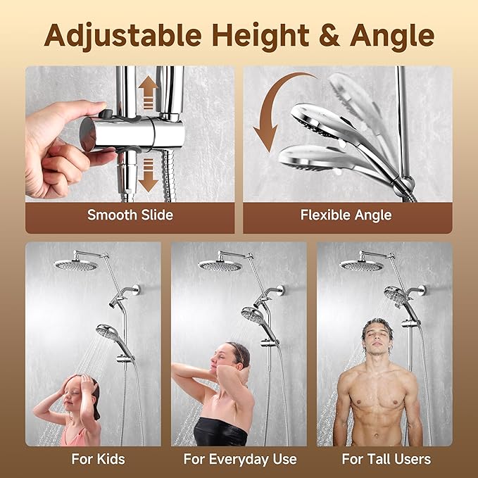 BRIGHT SHOWERS Rain Shower Head with Handheld Spray, High Pressure Dual Shower Head Combo, Adjustable Extension Arm & Slide Bar, 9 Spray Modes Built-in Power Wash, 3-Way Diverter, 69" Hose, Chrome