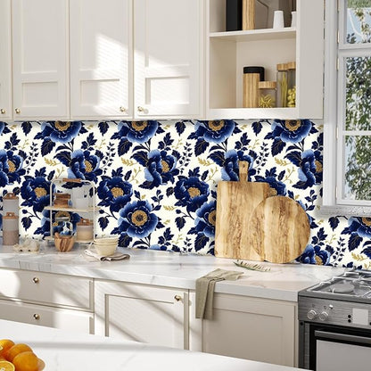 Fvlow Navy Floral Wallpaper Peel and Stick Dark Blue Large Flower Contact Wall Paper Waterproof Self-Adhesive Wall Covering for Bedroom Countertop Desk Cabinets Decor Renter Friendly 17.4" x 118"