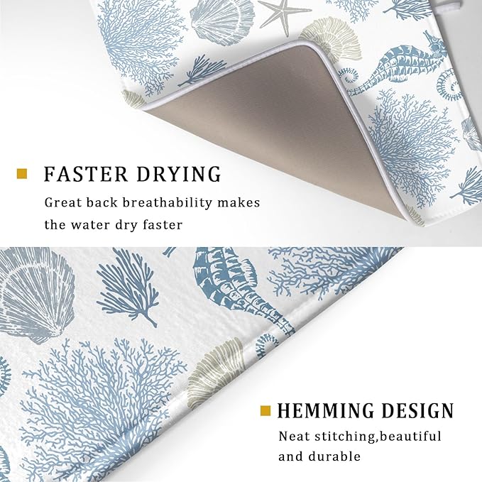 Blue Coral Dish Drying Pad 18 x 24 Inch With Absorbent Reversible Microfiber Coastal Starfish Seashell Summer Drying Mats Dish Drainer Mat Fast Dry For Kitchen Dining Room Decoration