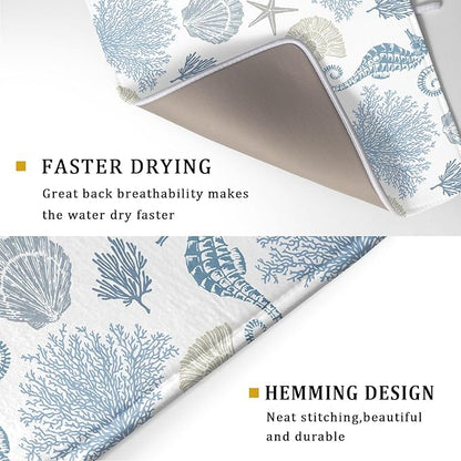 Blue Coral Dish Drying Pad 18 x 24 Inch With Absorbent Reversible Microfiber Coastal Starfish Seashell Summer Drying Mats Dish Drainer Mat Fast Dry For Kitchen Dining Room Decoration