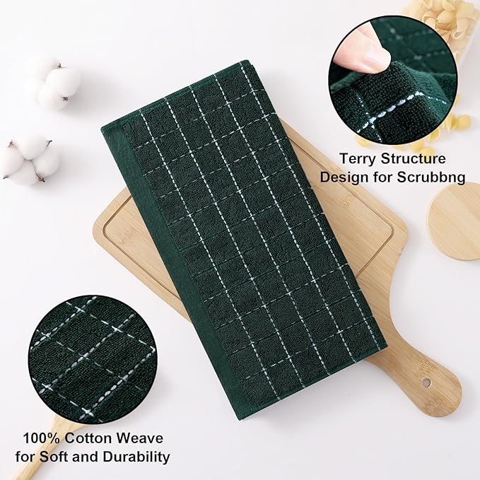 Homaxy 100% Cotton Terry Kitchen Dish Cloths, Ultra Soft and Absorbent Dish Towels for Kitchen, Suitable for Drying and Washing Dishes, 8 Pack, 12 x 12 Inches, Blackish Green