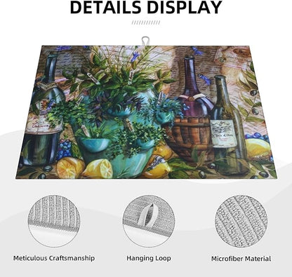 Retro Colorful Wine Flower Dish Drying Mats for Kitchen Counter, Absorbent Reversible Microfiber Dish Drying Pad, Multi-Use Large Drying Mat Coffee Bar Accessories 18"x24"