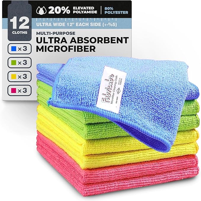 Turkish Microfiber Cleaning Cloth of 4 Colors | 20% Polyamide for Elevated Liquid Suction | Must Have Drying Supply for Kitchen and Home Accessories | Rags with Reinforced Edges, Pack of 12