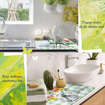 SiliFine 2 Pcs Dish Drying Mat for Kitchen, Spring Floral Absorbent Microfiber Dish Mat Counter 18 x 24 Inch Truck Flower Leaves Draining Green Drying Reusable Washable Pad