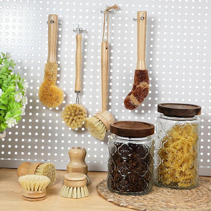 9 Pcs Bamboo Dish Brush Set Wooden Dish Brush with Sisal and Palm Fiber Natural Wooden Kitchen Brushs Practical Dishs Cleaning Brushs Sets for Pots Pans Bottle Sink Vegetables Household Cleaning