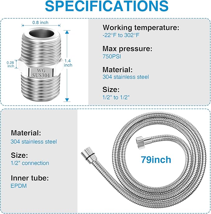 Dreyoo 1 Pack 79 Inch Shower Hose with Shower Extension Connector, Extra Long Handheld Head Hose with Brass Insert and Nut, 1/2 to 1/2 Extender, Stainless Steel