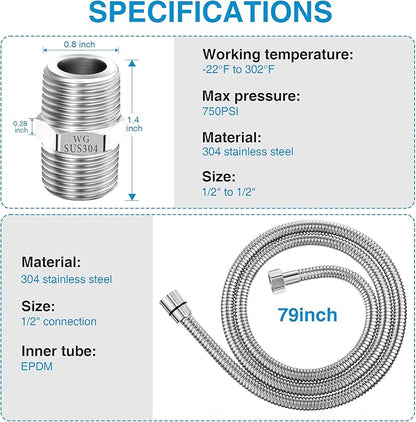 Dreyoo 1 Pack 79 Inch Shower Hose with Shower Extension Connector, Extra Long Handheld Head Hose with Brass Insert and Nut, 1/2 to 1/2 Extender, Stainless Steel