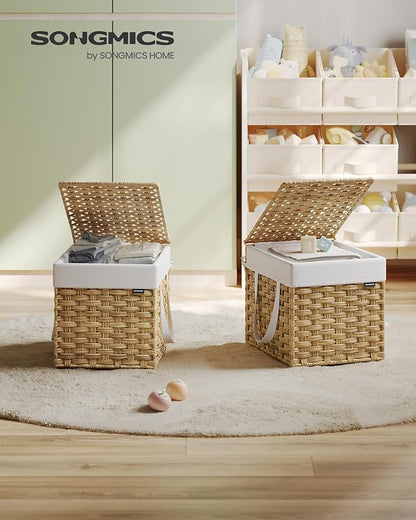 SONGMICS Laundry Hamper with Lid, 9.5 Gallon (36 L) Synthetic Rattan Clothes Laundry Basket with Lid and Handles, Foldable, Removable Liner, Goose Yellow ULCB136Y01