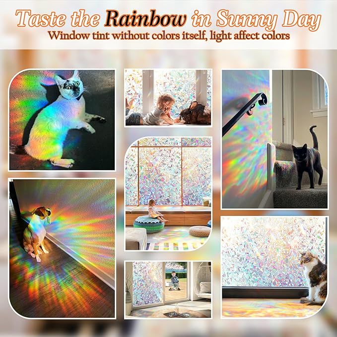 Rainbow Window Privacy Film with Cutting Reference Line, 3D Decals Stained Glass Clings, Static Cling Sticker, Suncatcher Windows Cover Tint for Home, 17.5 Inch x 78.74 Inch