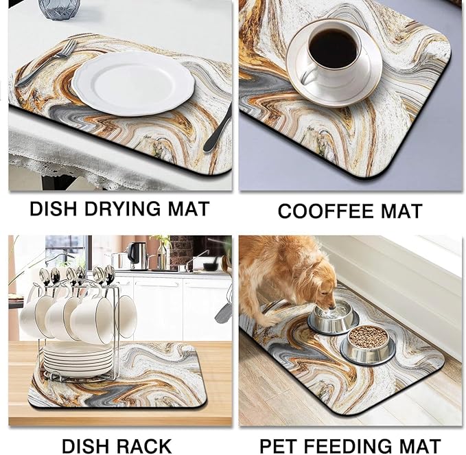 Dish Drying Mat for Kitchen Counter 2 Pack with Non-Slip Rubber Backing - Heat-Resistant Absorbent Coffee Bar Mat, Dish Rack Mat, Marble Texture Dish Drying Mats 18x24+19.5x12 inch